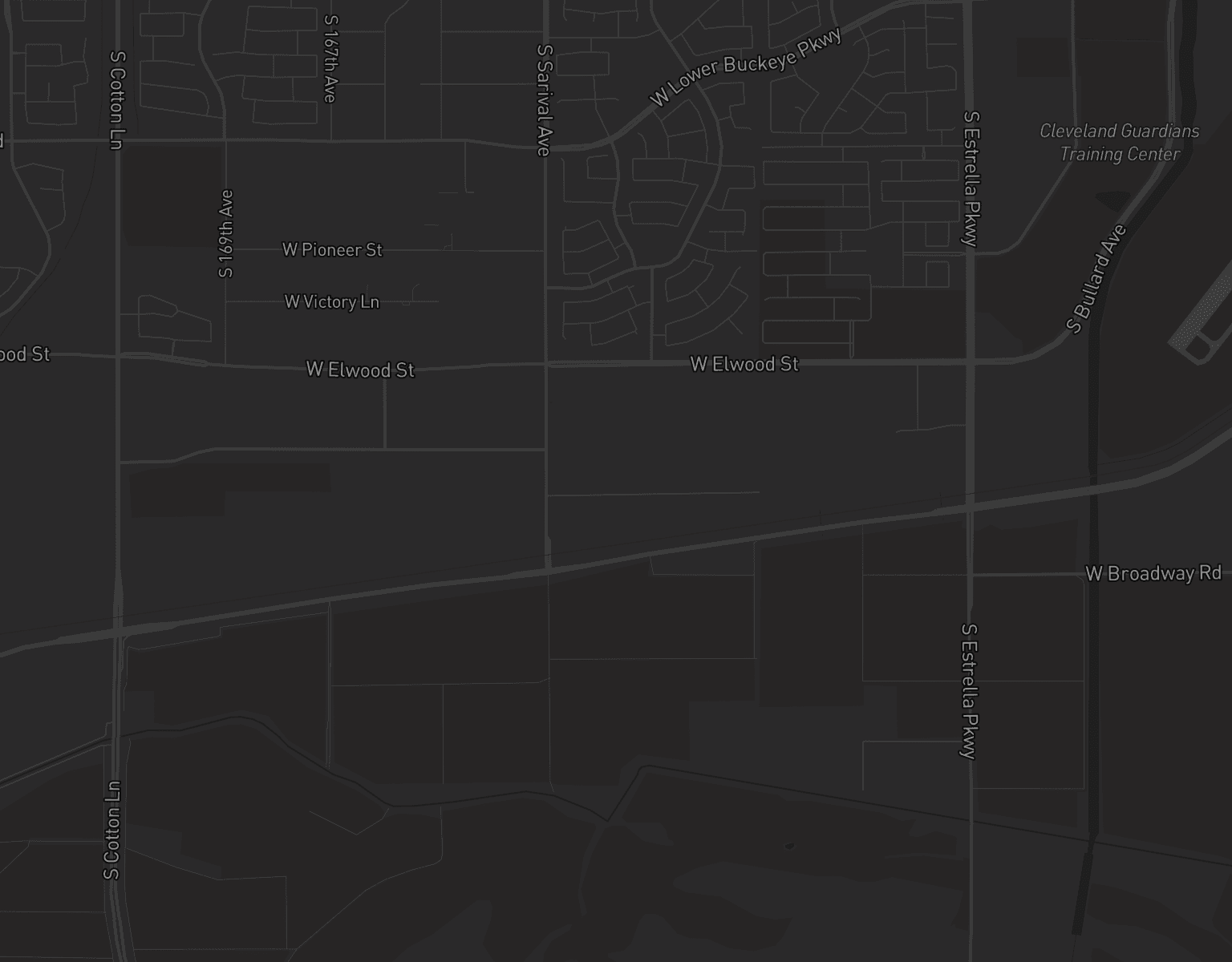 Map zoomed in on Valley of the Sun in Goodyear with glowing Frosted search zones