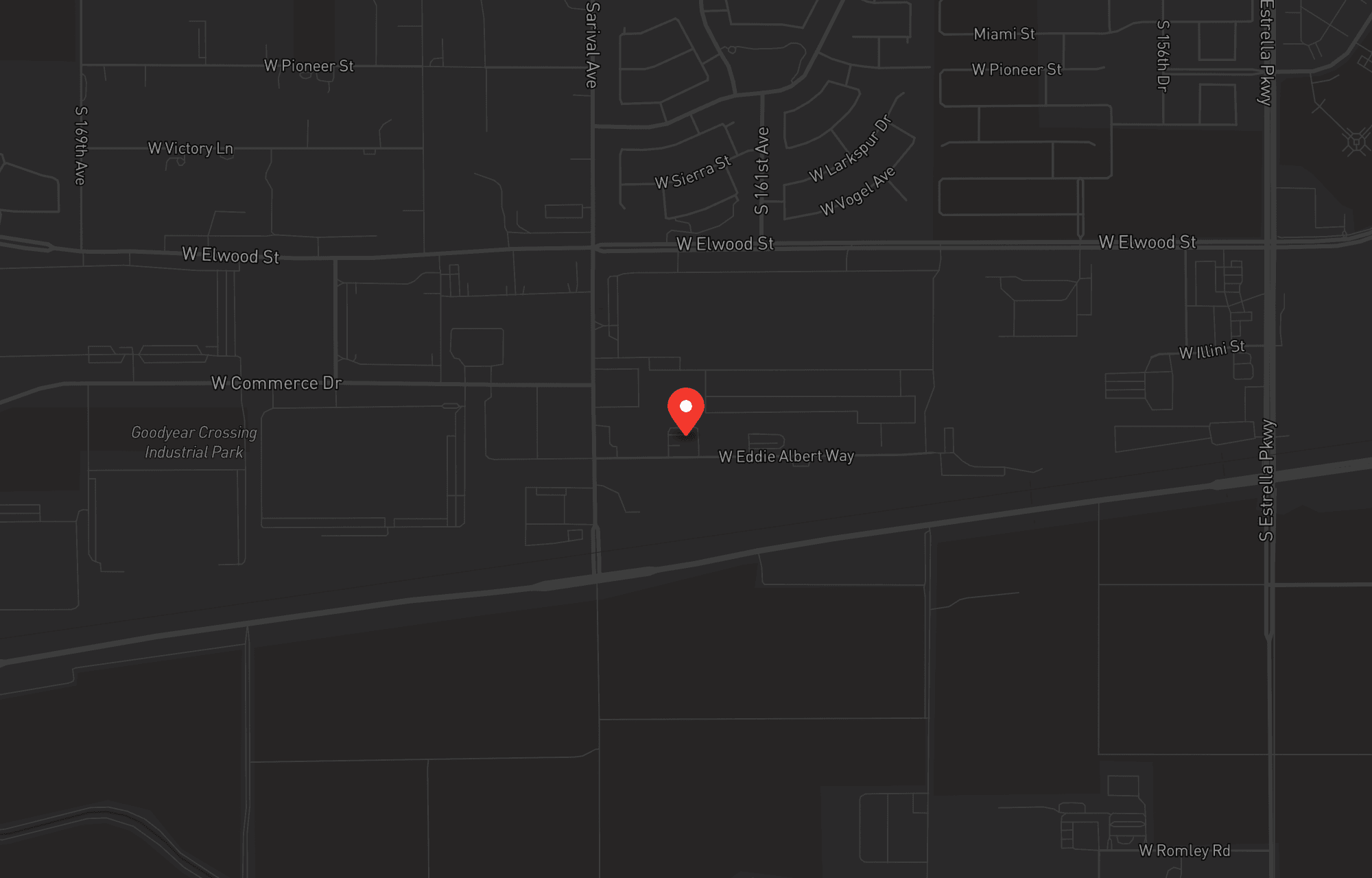 Map showing Valley of the Sun in Goodyear with a red location pin