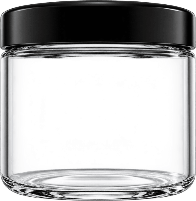 A clear glass Frosted treasure jar with a black lid
